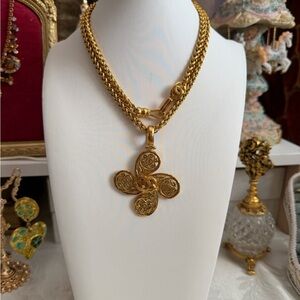 Chanel 24k Gold plated signed Four-Petal Filigree Pendant Necklace